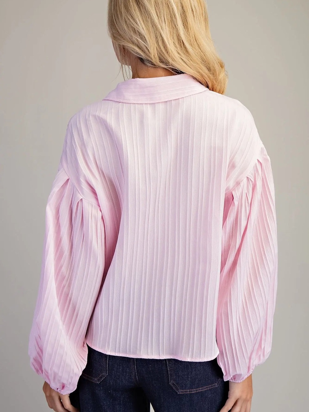 K9500 Bubble Sleeve Button Down Blouse-PInk - Picture 3 of 5